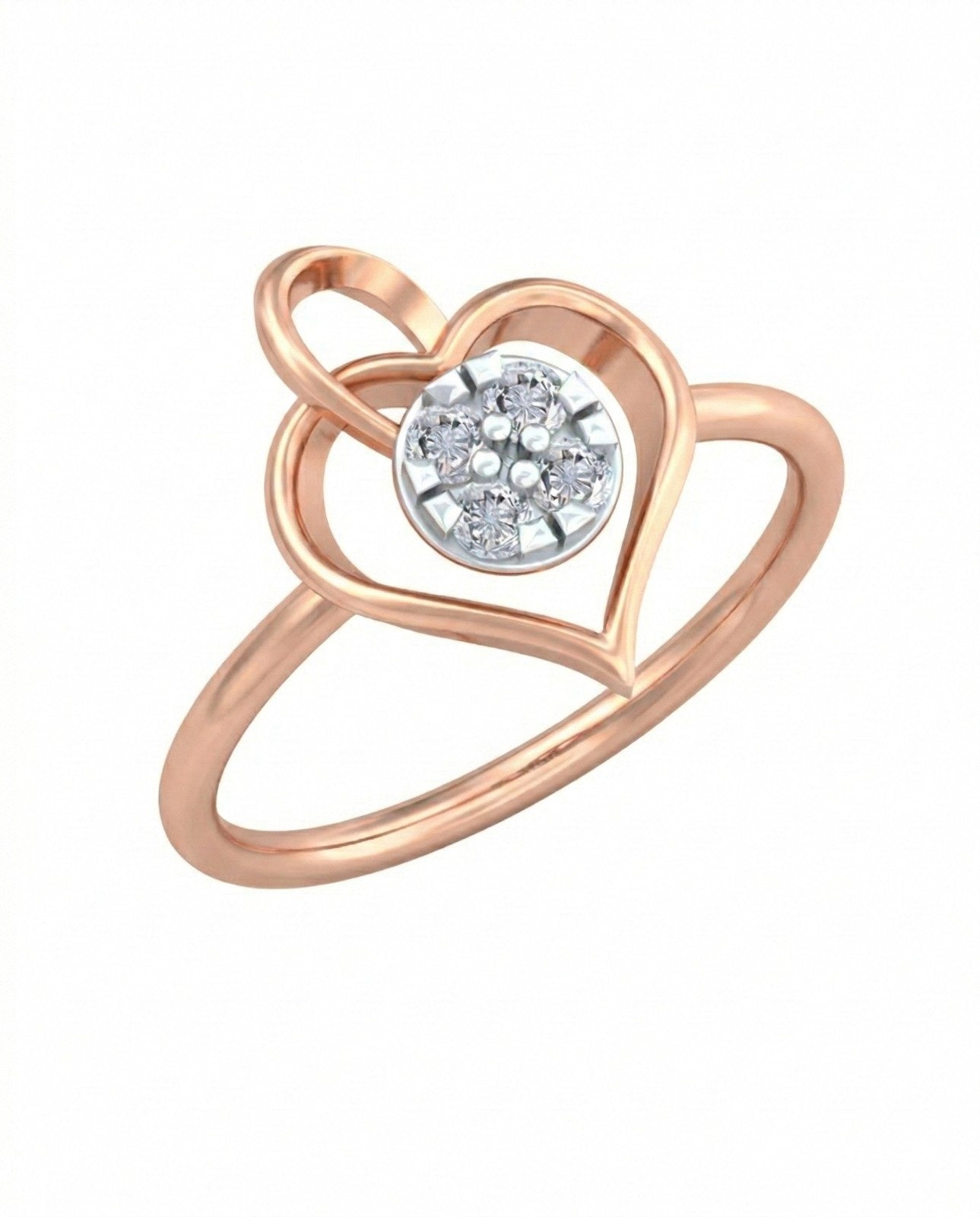 Rose gold heart-shaped ring with a diamond center on a white background