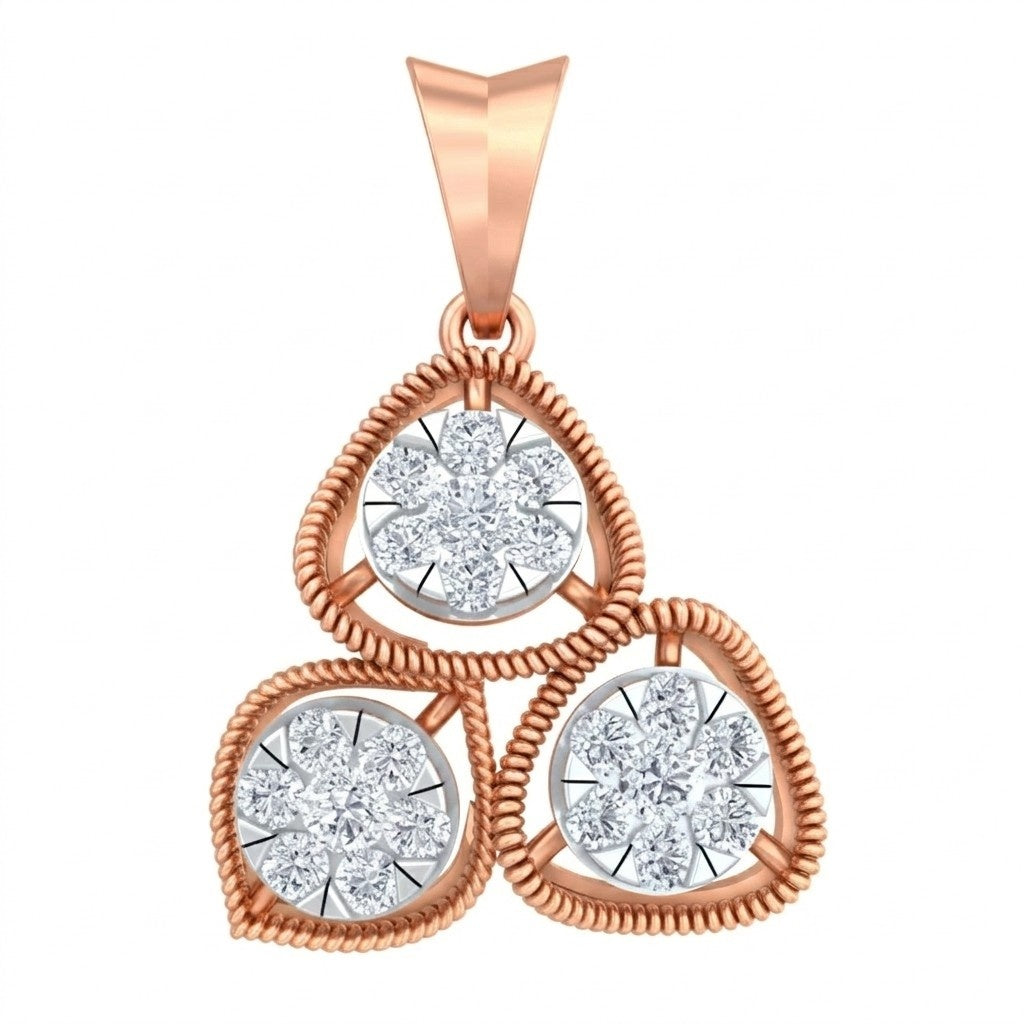 Rose gold and diamond three circular pendant on white background