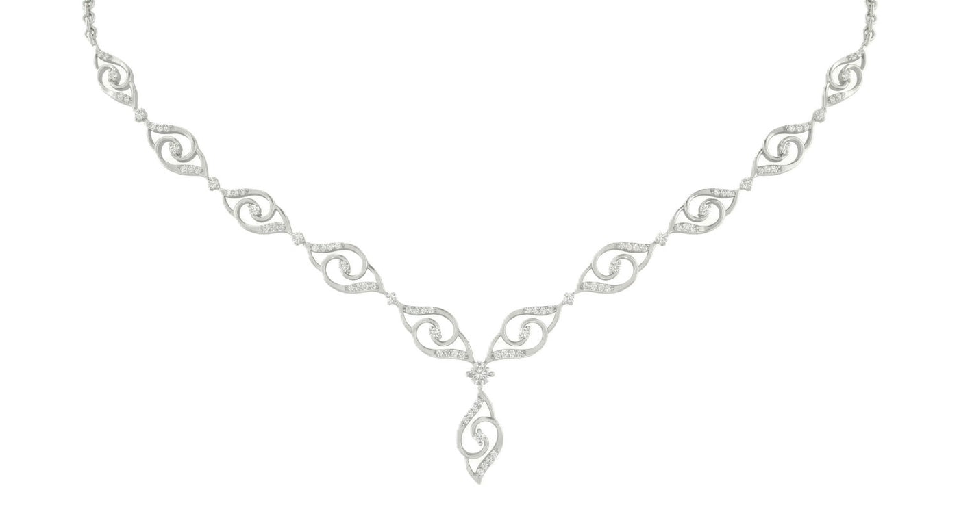White gold and diamond necklace with intricate design on a white background