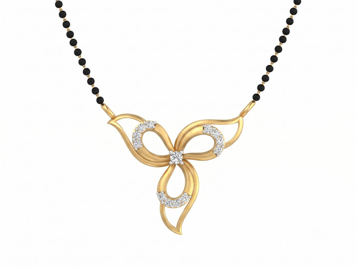Yellow Gold and diamond butterfly mangalsutra on a black beaded against a white background