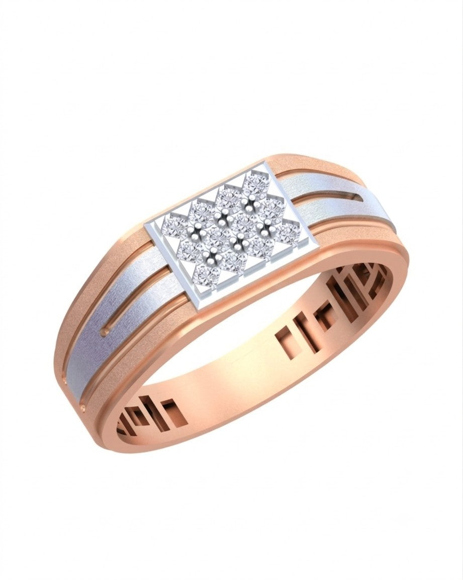 A rose gold and diamond ring featuring a square cluster, set against a plain white background.