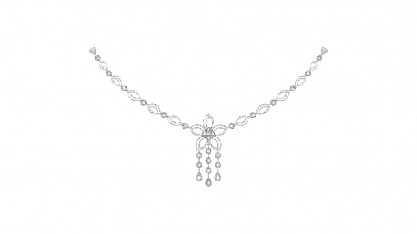 A white gold and diamond necklace with a central floral motif and dangling teardrop charms, displayed on a solid white background.