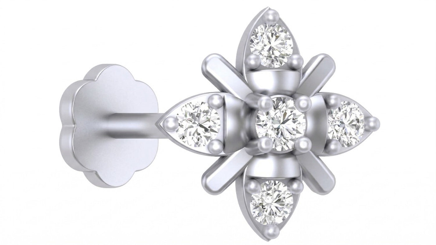 white gold and diamond stud nose pin on a white background