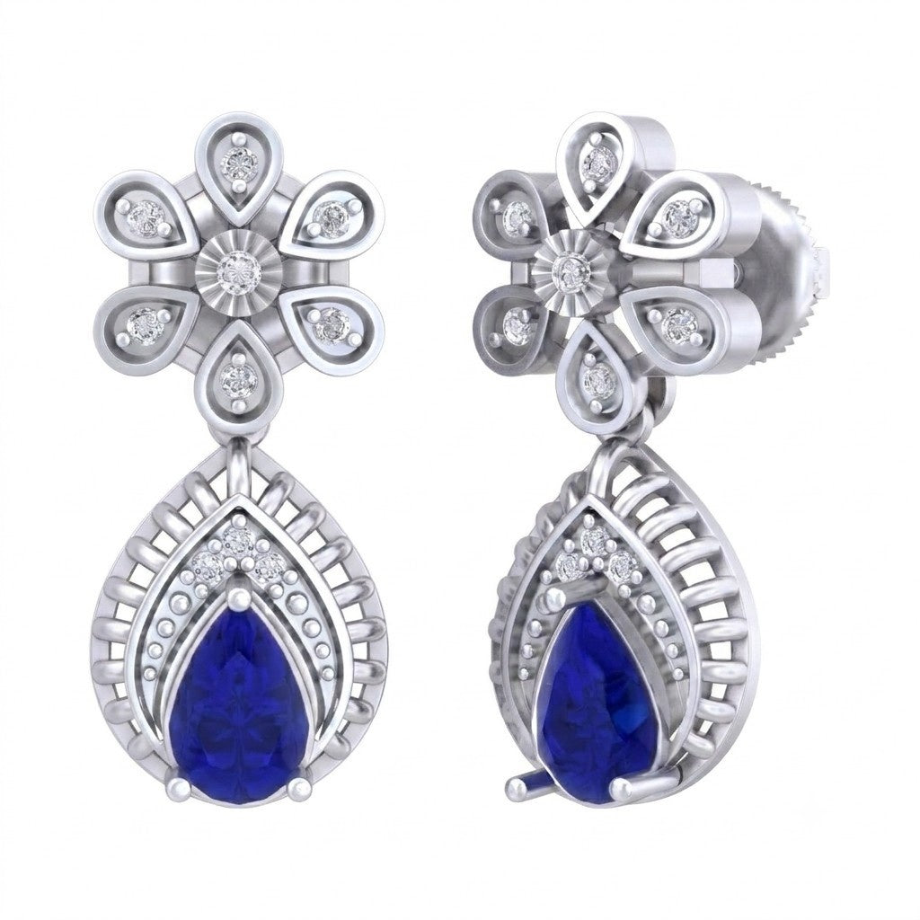 A pair of white gold and diamond drop earrings with teardrop-shaped sapphire gemstones on a plain white background.