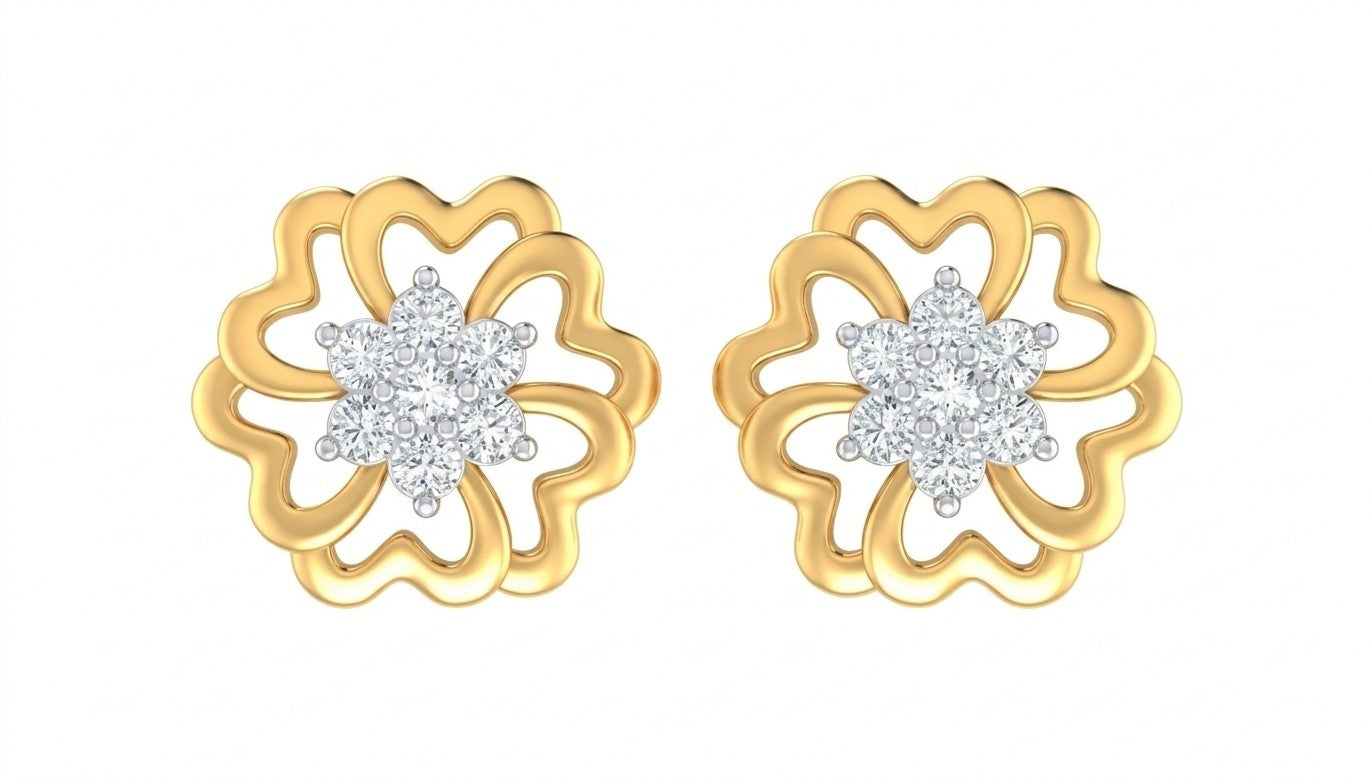 Yellow gold and diamond stud earrings with floral design on a white background