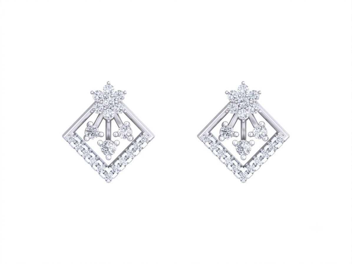 Pair of white gold and diamond stud earrings on a white background