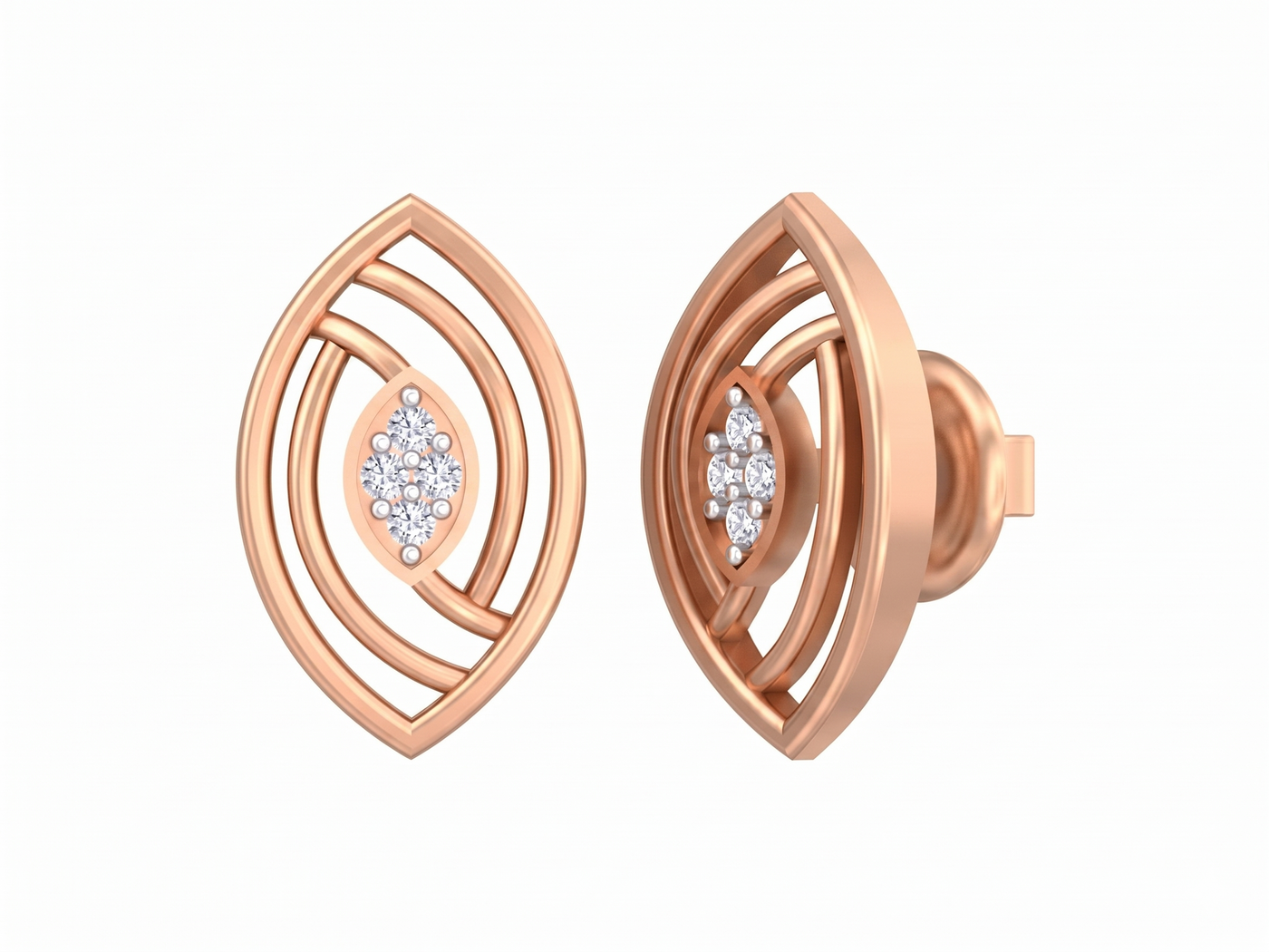 Rose gold and diamond stud earrings on a white background