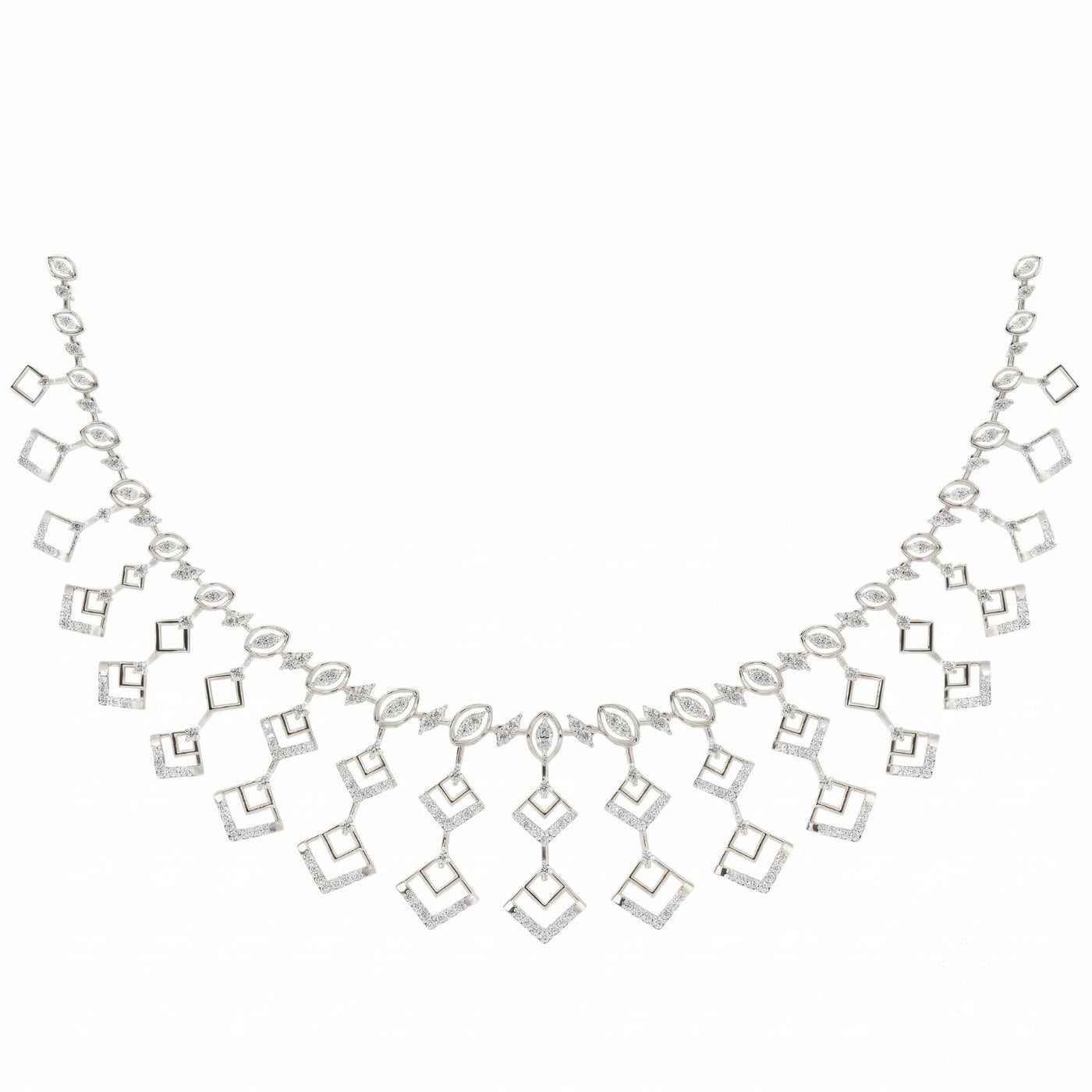 White gold and diamond necklace set on a white background.