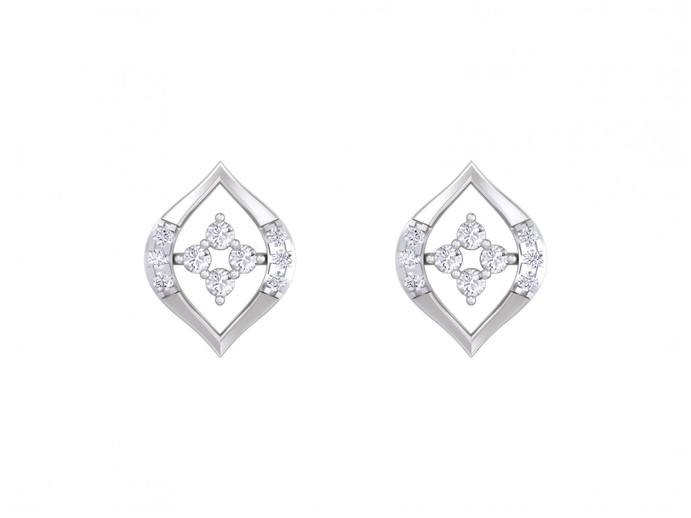 White gold and diamond stud earrings on a white background.