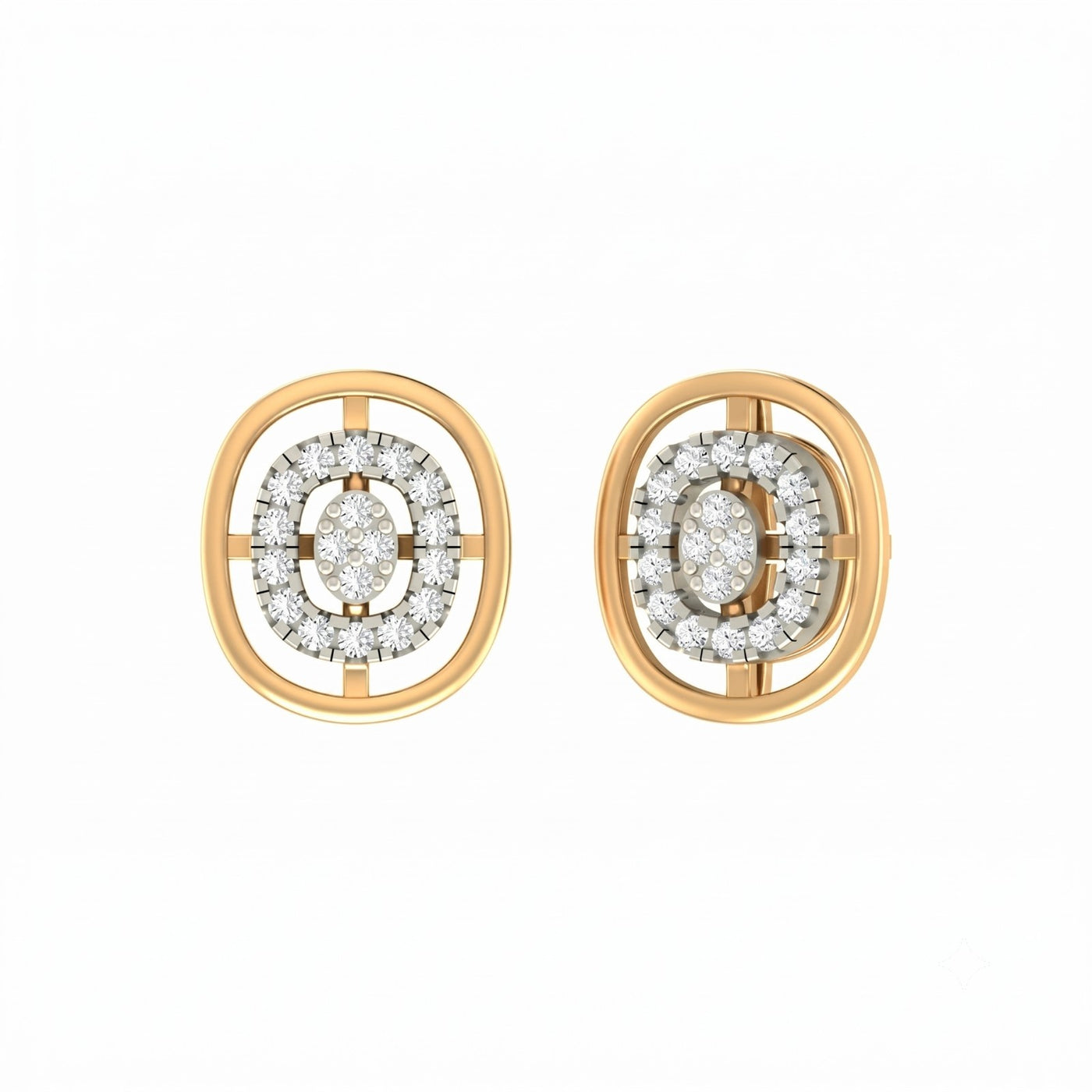 Yellow gold and diamond stud earrings with halo-design on a white background