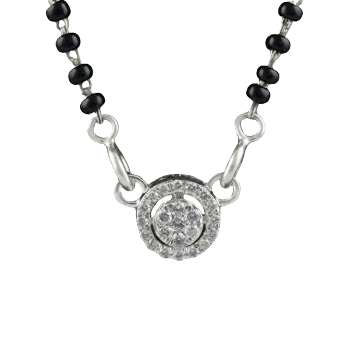 White gold & diamond halo mangalsutra on white background