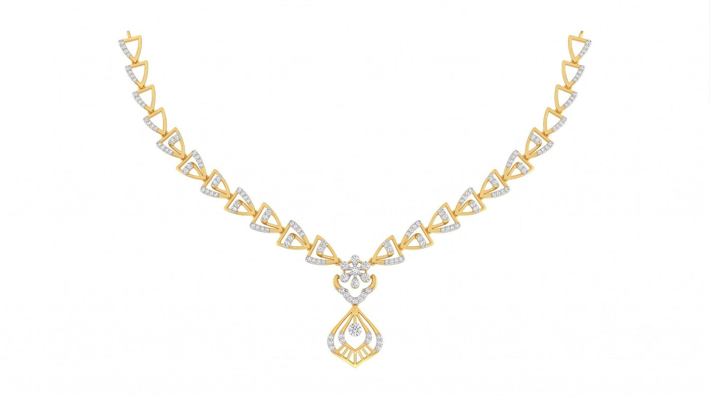 Yellow gold and diamond necklace featuring a geometric triangle pattern with a teardrop-shaped, displayed on a solid white background.