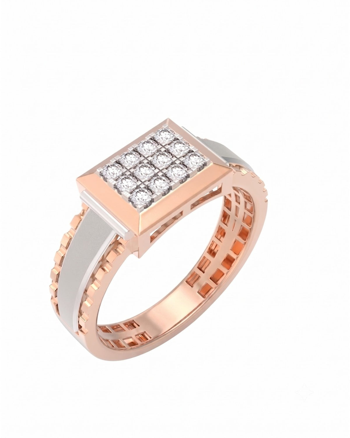 A square ring featuring a rose gold and diamond band with a central square cluster, shown on a plain white background.