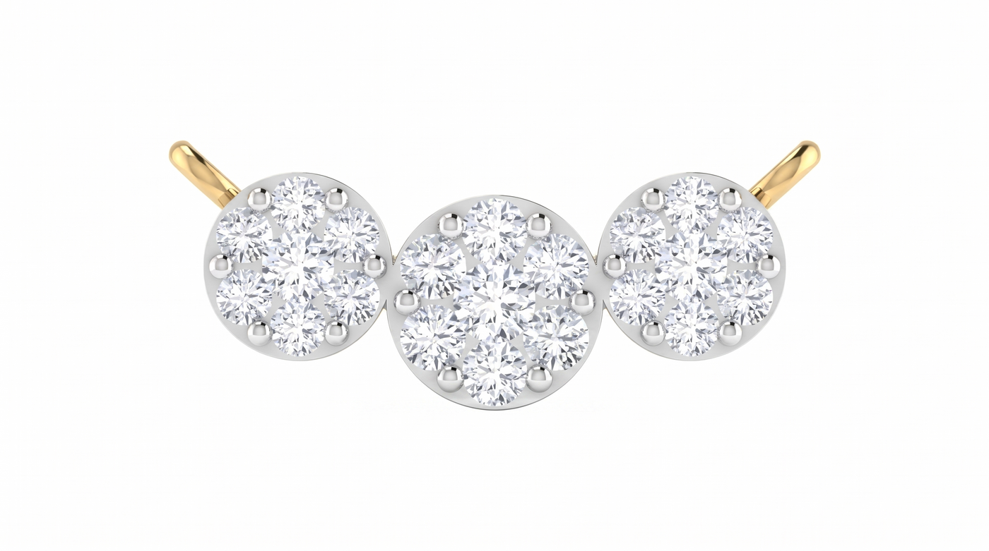 Three diamond mangalsutra on yellow gold posts against a white background