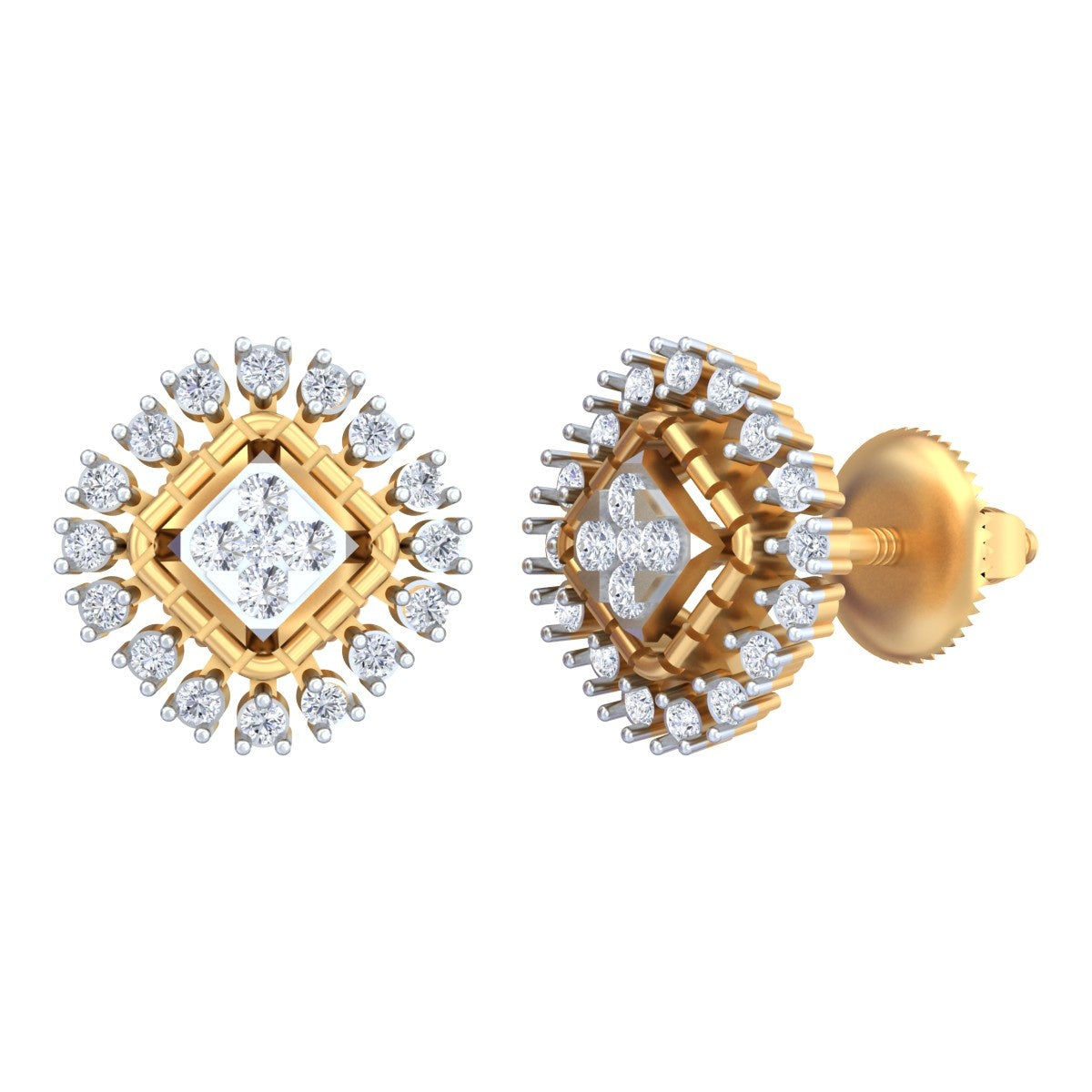 Yellow gold and diamond stud earring  on a white background.