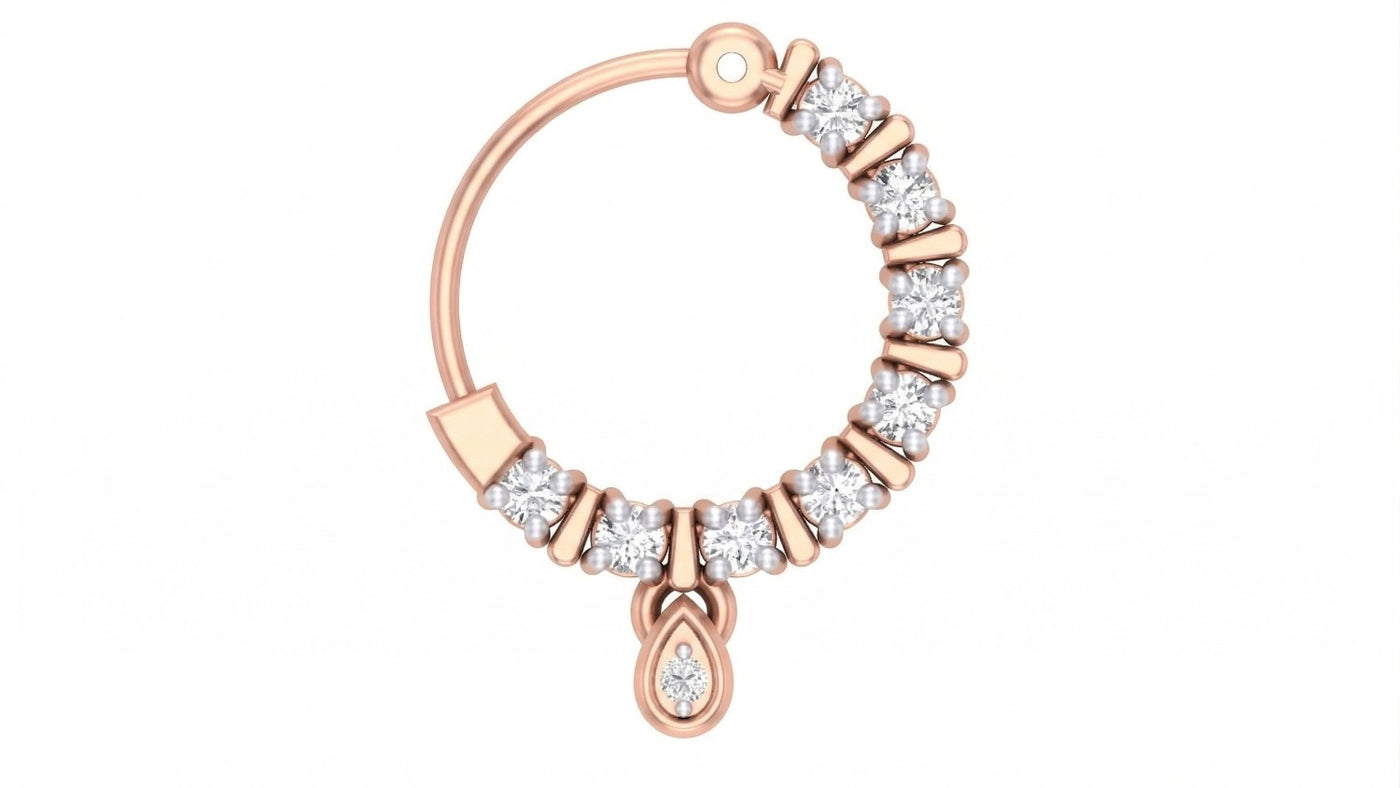 Rose gold and diamond nose ring with clear gemstones on a white background