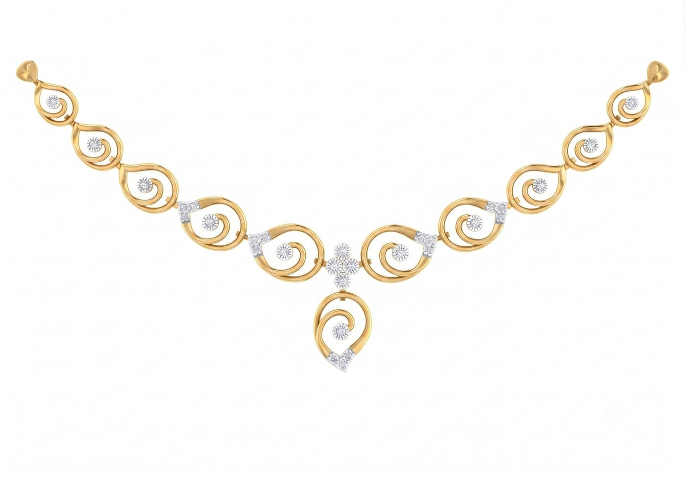 Yellow gold and diamond necklace with diamond-accented swirl links and a geometric drop.