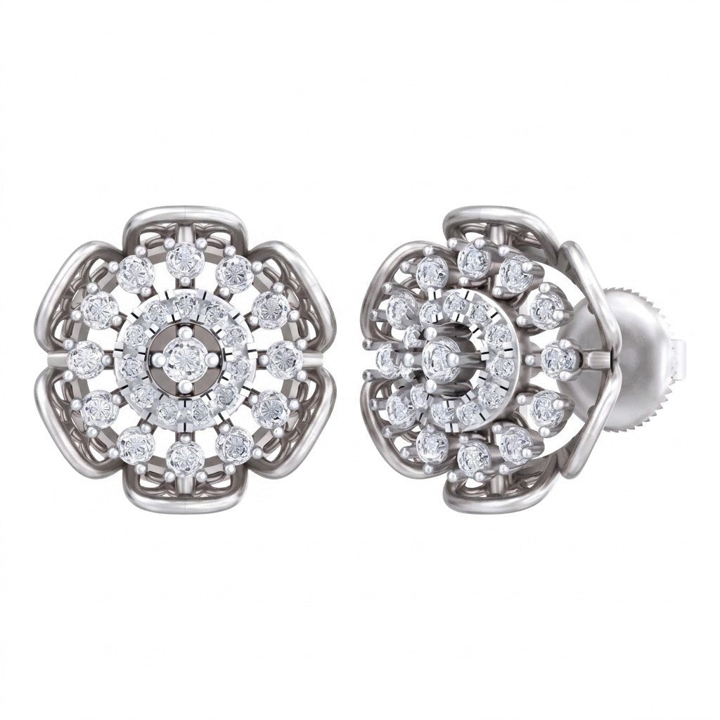 A pair of white gold stud earrings with intricate floral designs, shown from both front and side angles on a white background.