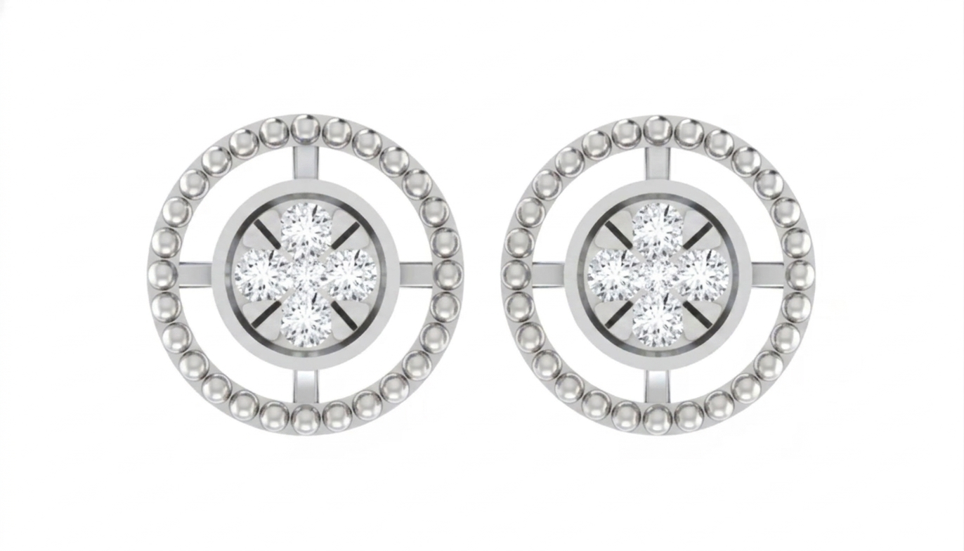 White gold & Diamond Round-Shaped Women Stud Earring on a white backgound