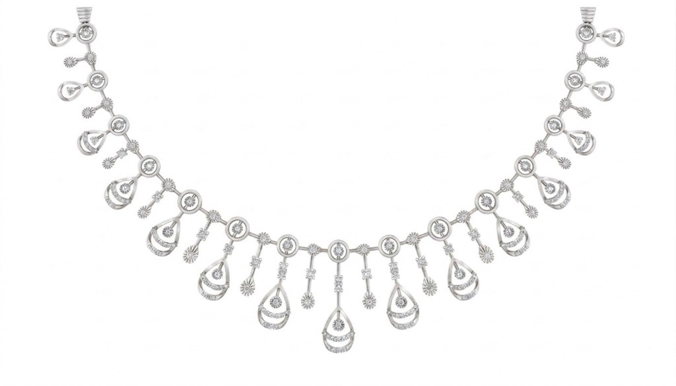 White gold-toned teardrop necklace with intricate circular details and dangling drops, displayed on a plain white background.