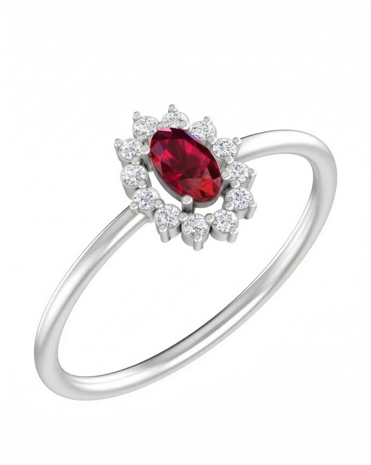 White gold ring with a red gemstone and diamond accents on a white background