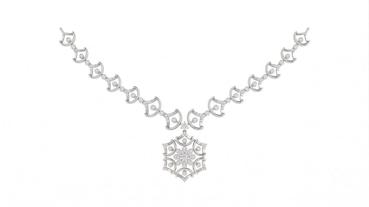 A white gold and diamond necklace featuring a central geometric, displayed on a solid white background.