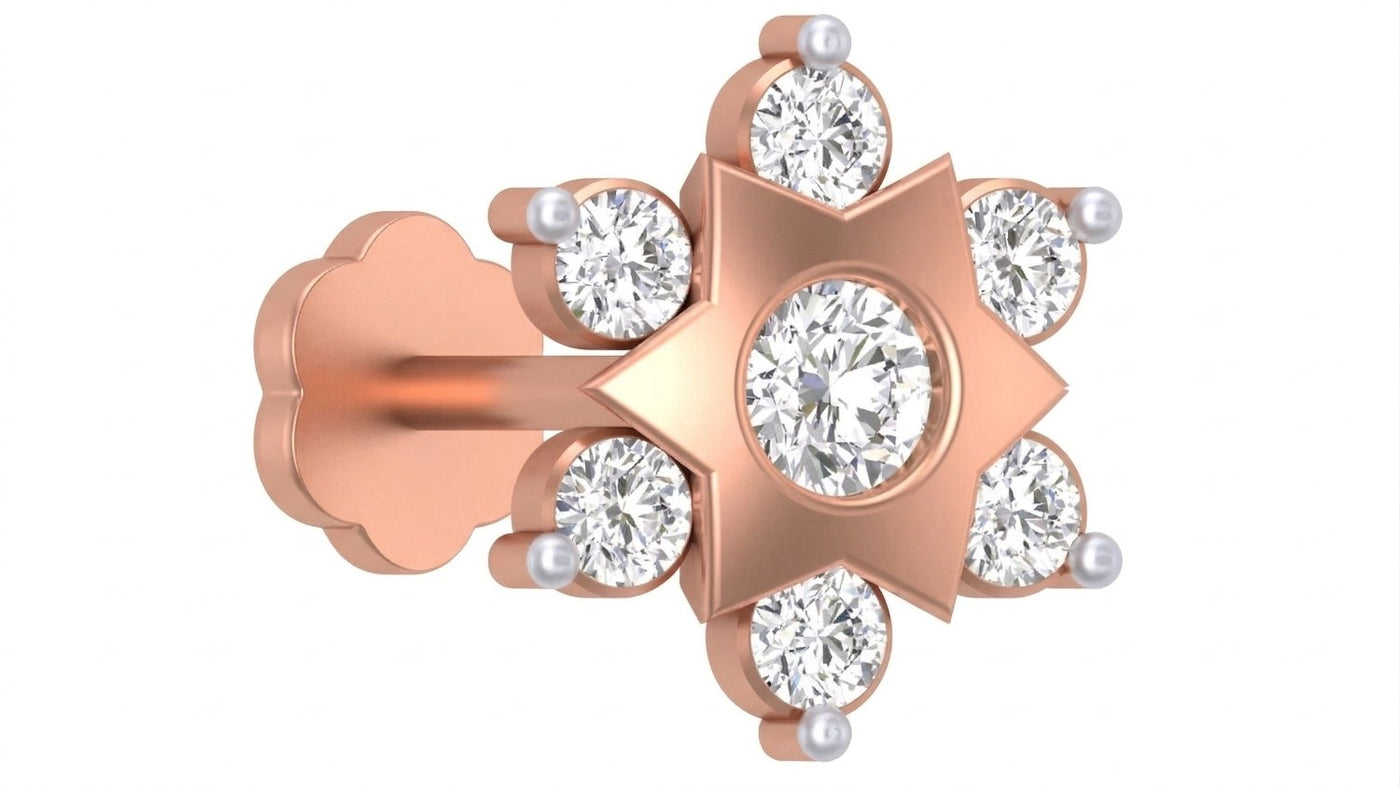 Rose gold and diamond stud nosepin with diamonds on a white background