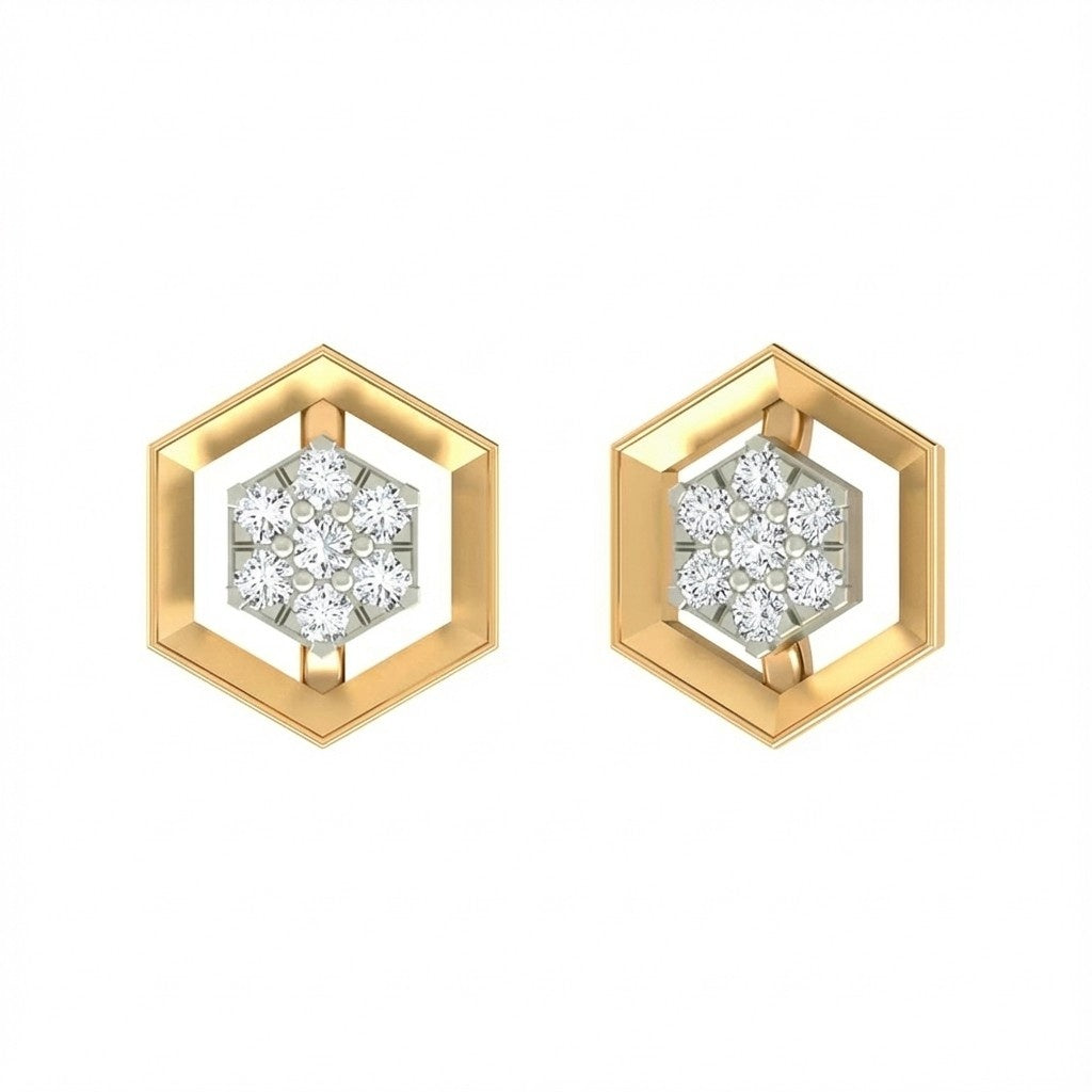 Yellow gold and diamond hexagonal earrings on a white background.