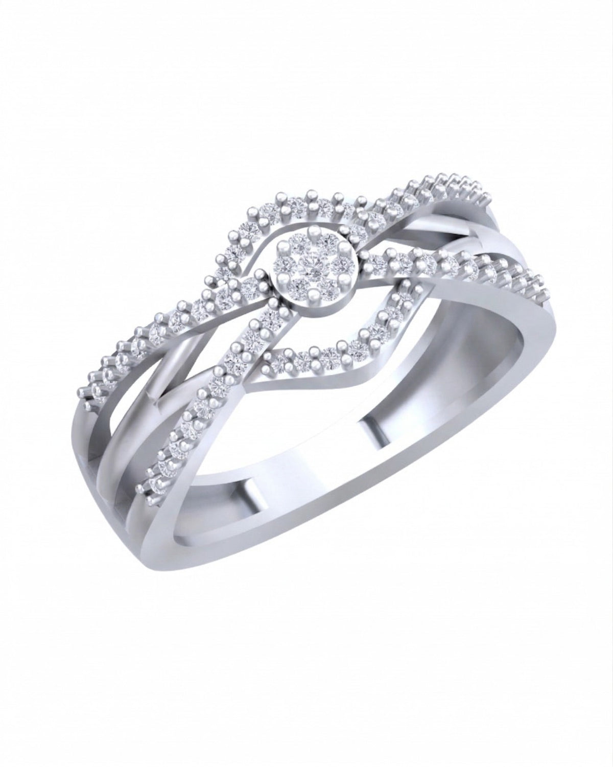 A white gold and diamond ring featuring a central round diamond surrounded by a halo, shown on a plain white background.