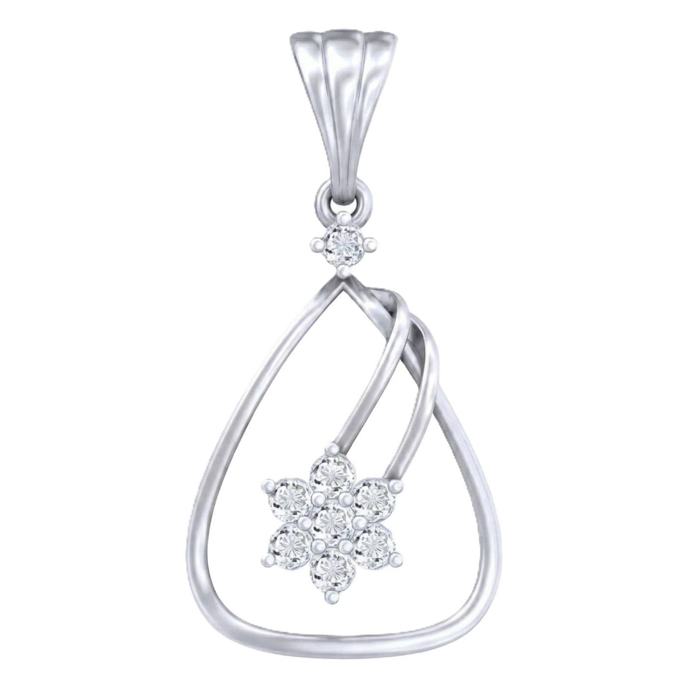 White gold and diamond teardrop pendant with floral design on a white background