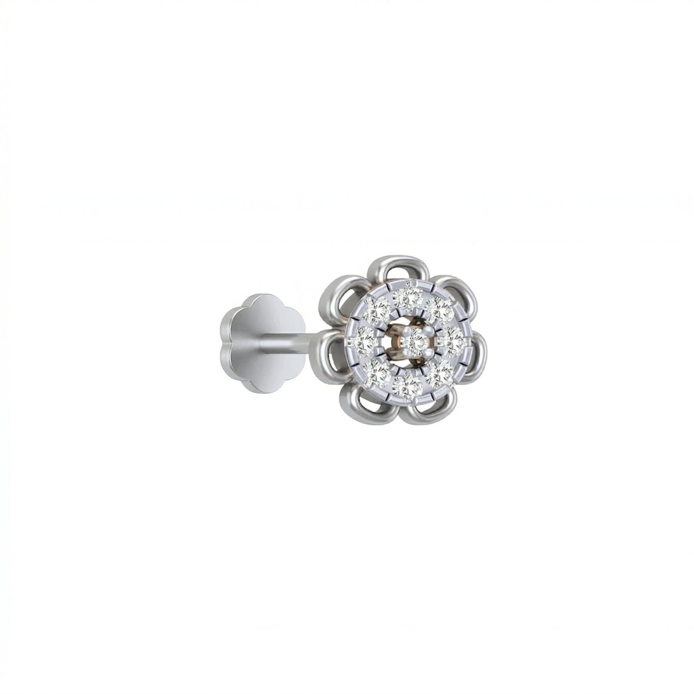 white gold and diamond stud nose pin with diamond cluster on a white background