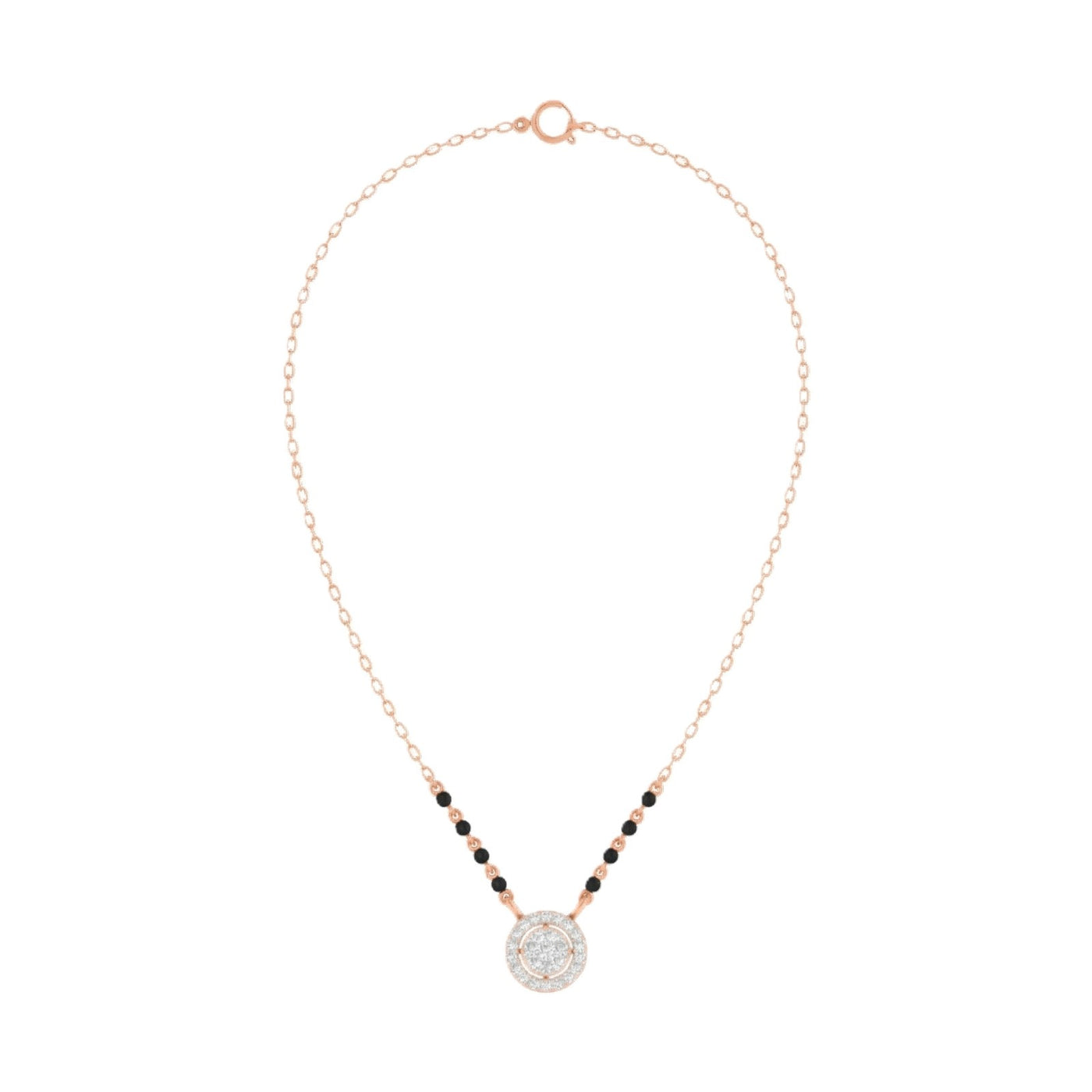 rose gold and diamond mangalsutra with black beads and a diamond on a white background