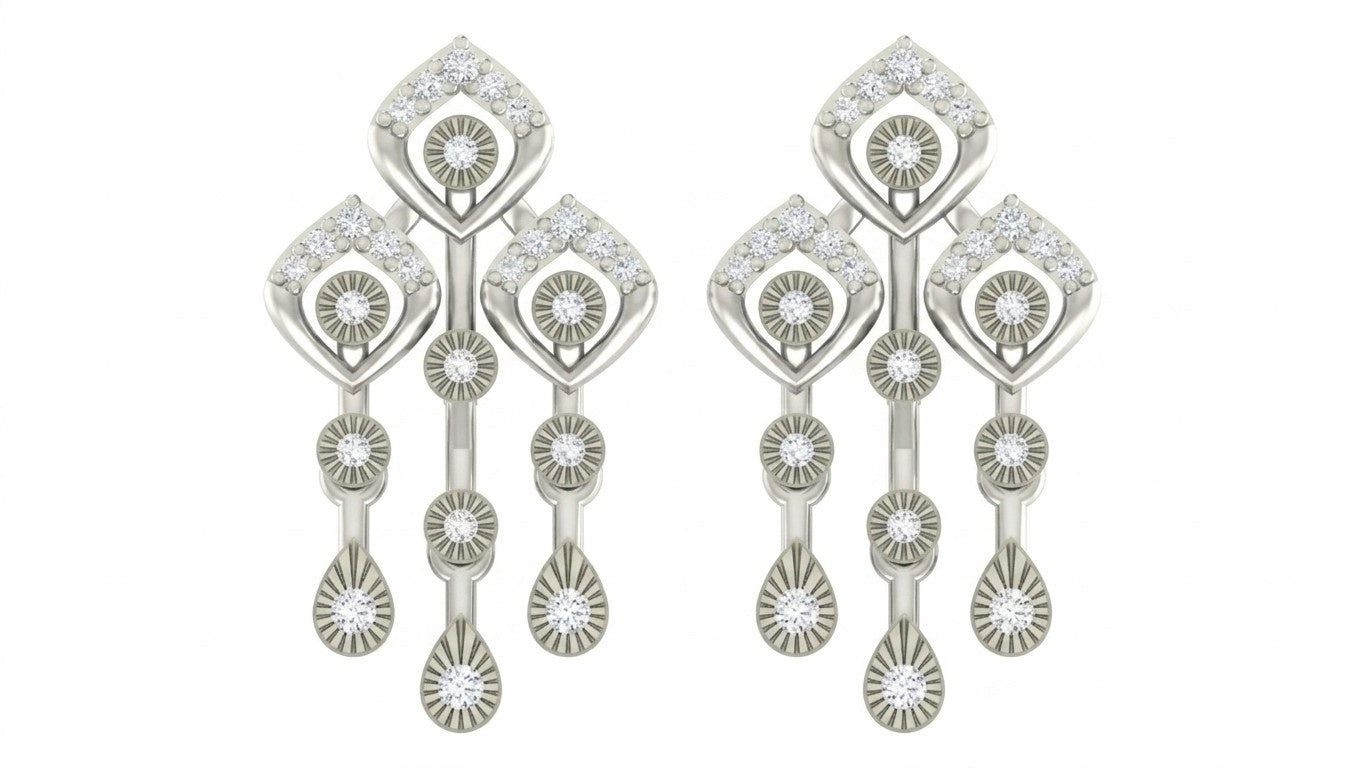 A pair of white gold and diamond drop earrings with clear diamond, displayed on a solid white background.