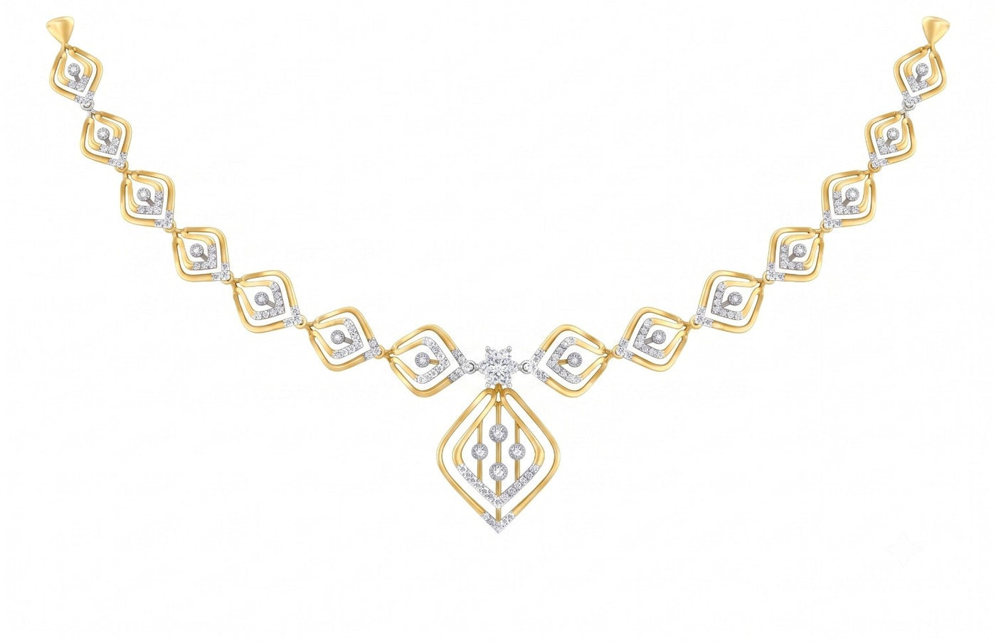 A yellow gold and diamond necklace with a geometric pattern and a central floral, displayed on a solid white background.