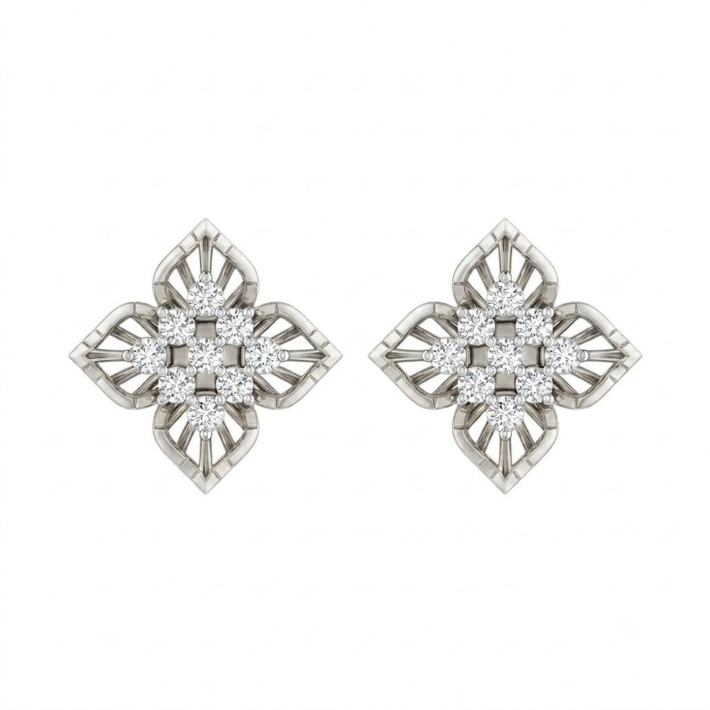 A Pair of white gold and diamond floral-shaped stud earrings on a white background.