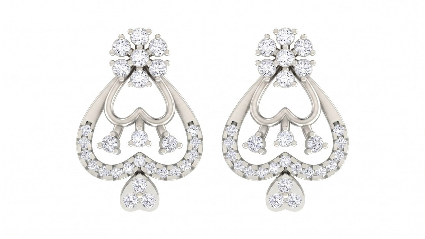 Pair of white gold and diamond heart-shaped stud earrings on a white background.