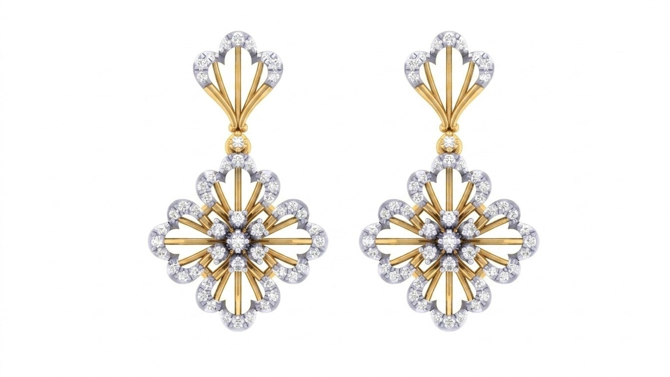 Yellow gold and diamond snowflake-shaped earrings on a white background
