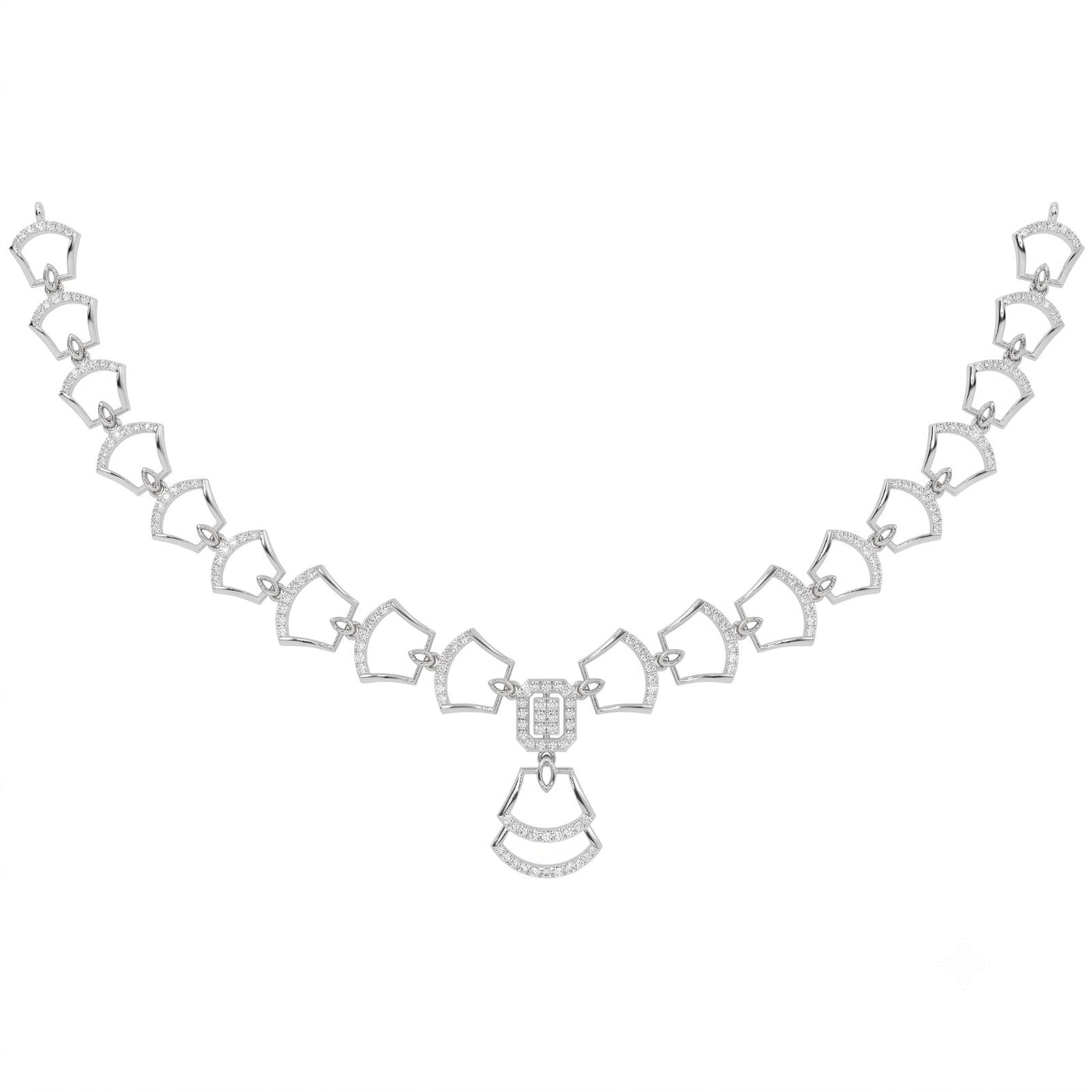 White gold and diamond necklace with a geometric design on a white background.