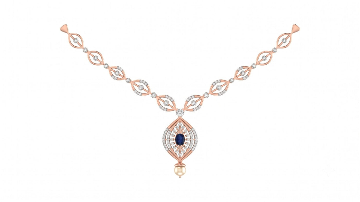 A rose gold and diamond necklace, featuring a central teardrop-shaped pendant set with a deep blue oval gemstone, on a plain white background.