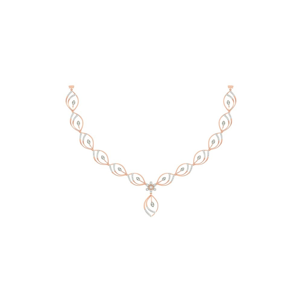 A rose gold necklace featuring a leaf-shaped links with central floral design, shown on a plain white background.