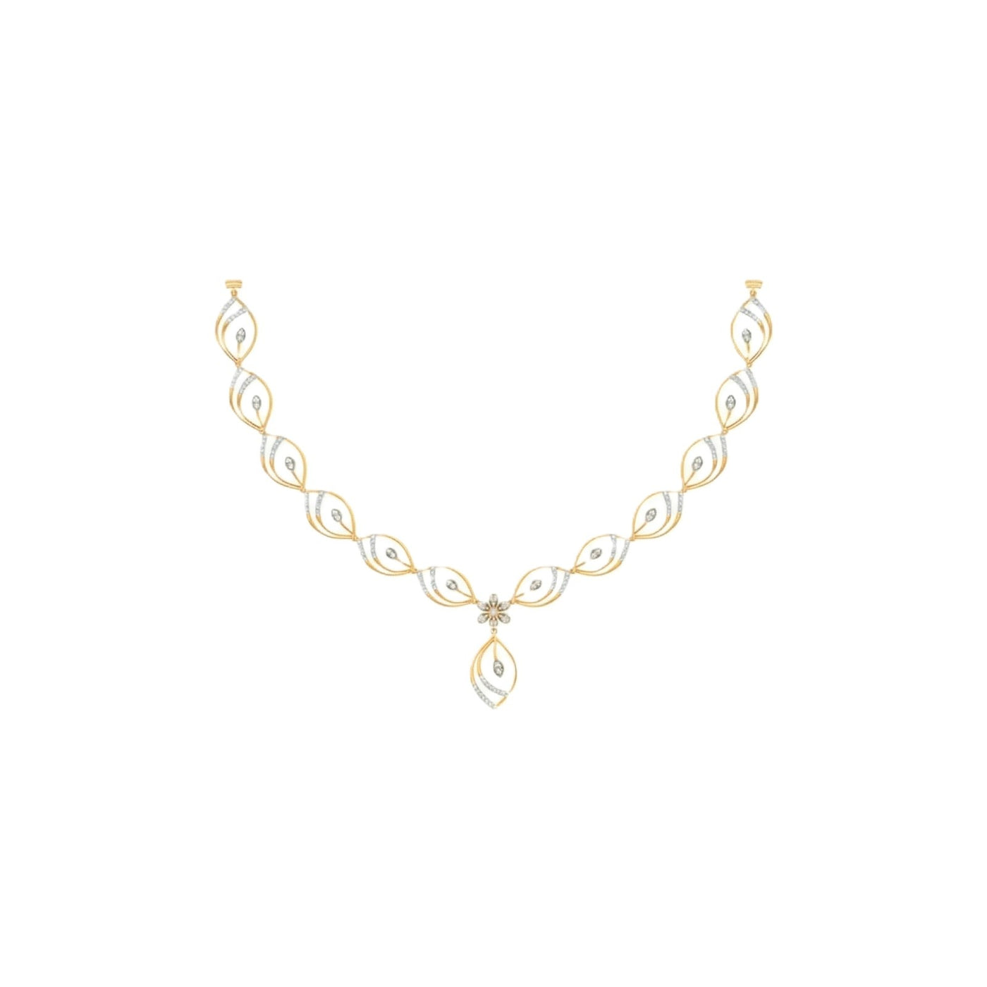 A yellow gold necklace featuring a leaf-shaped links with central floral design, shown on a plain white background.