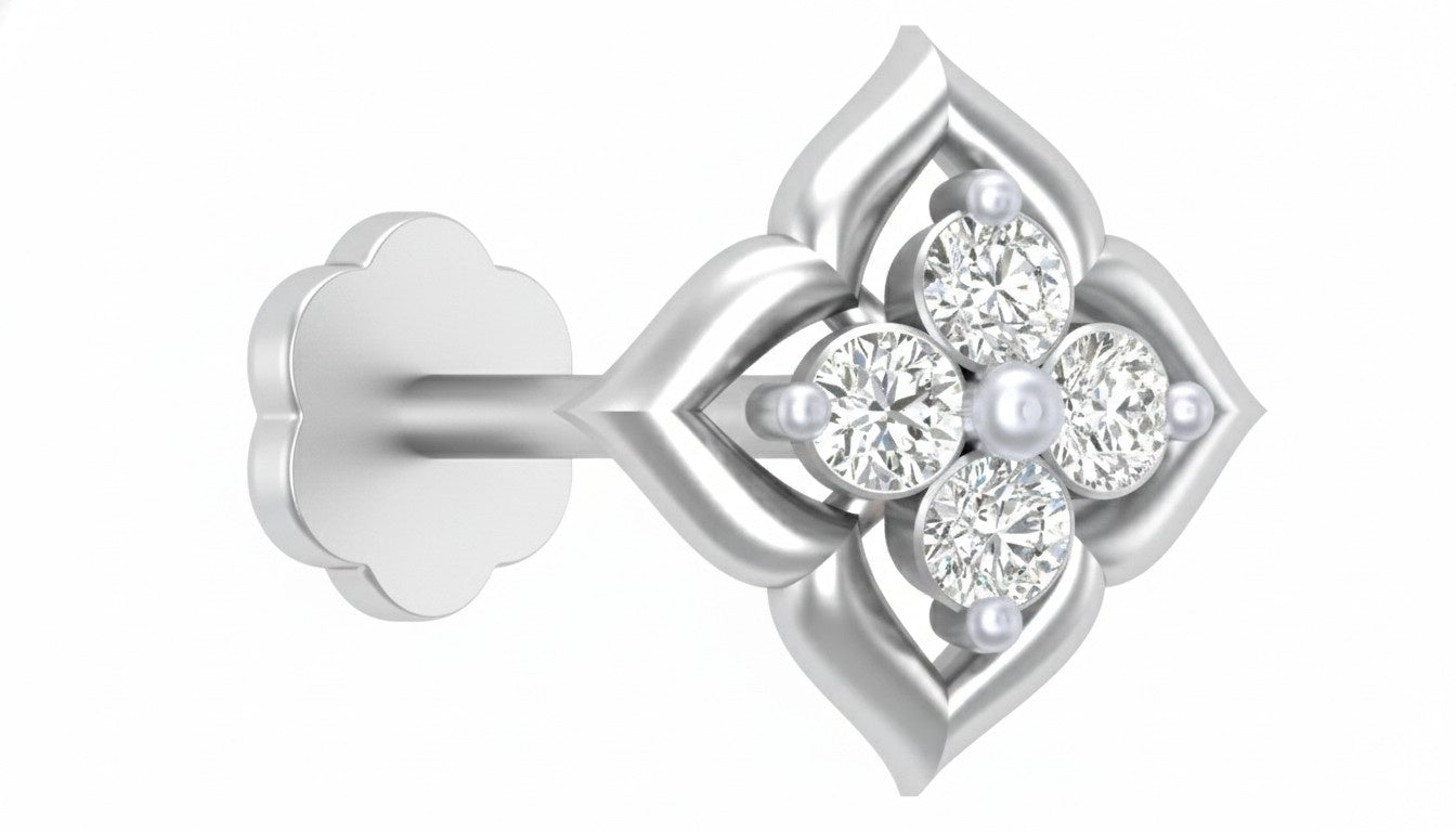 white gold and diamond stud nose pin with diamonds on a white background