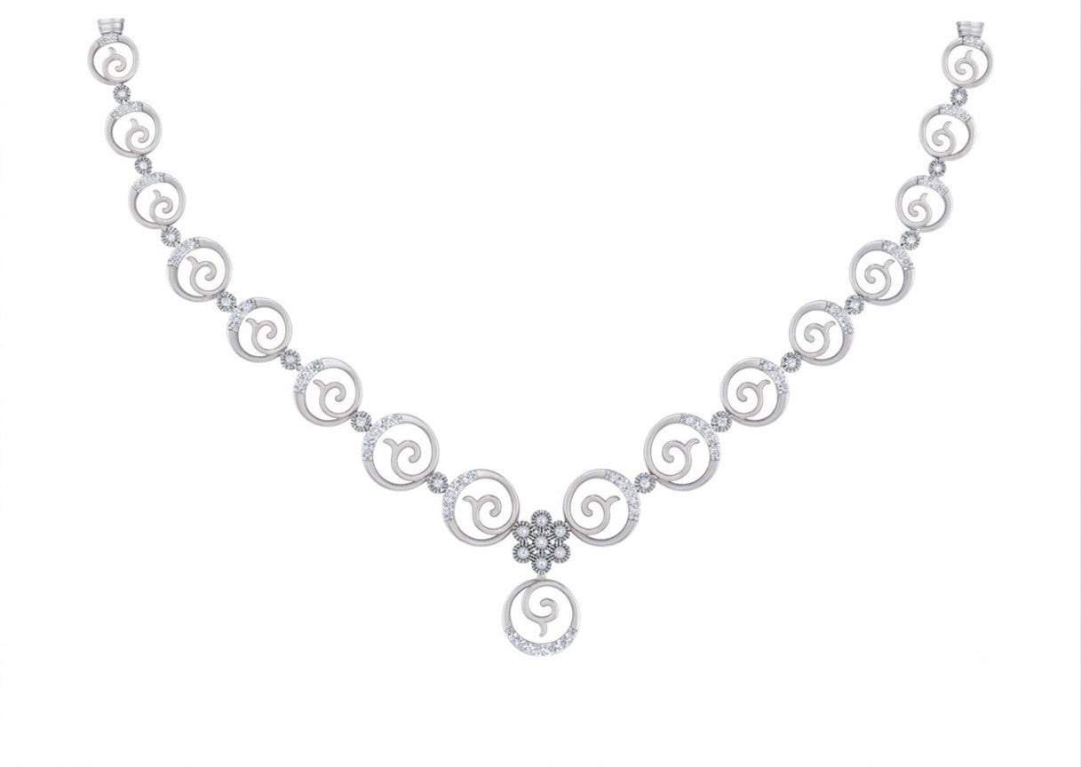 A white gold and diamond necklace featuring repeating circular motifs and a central flower-like cluster, displayed on a clean white background.