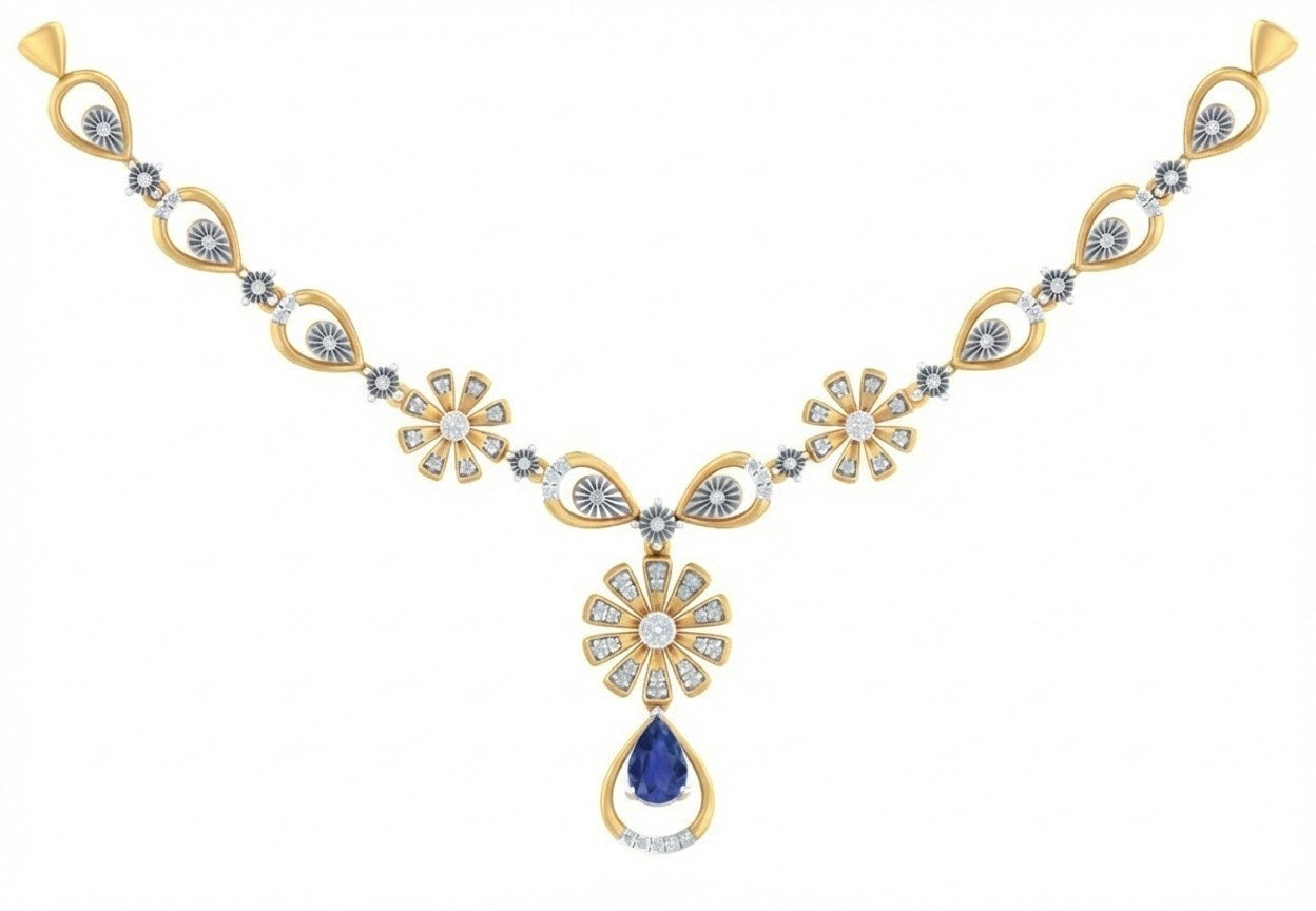 Yellow Gold and diamond necklace with floral designs and a blue gemstone pendant.