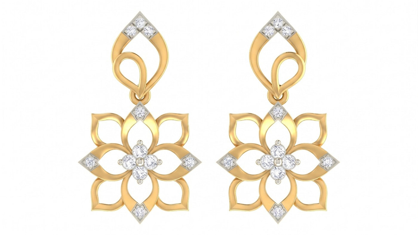Yellow Gold and diamond floral drop earrings on a white background