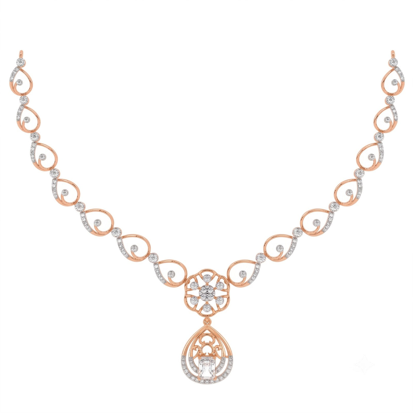 Rose gold and diamond necklace with floral on a white background.