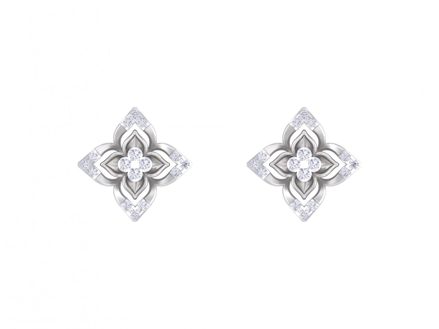 White gold and diamond stud earring with floral-design on a white background.