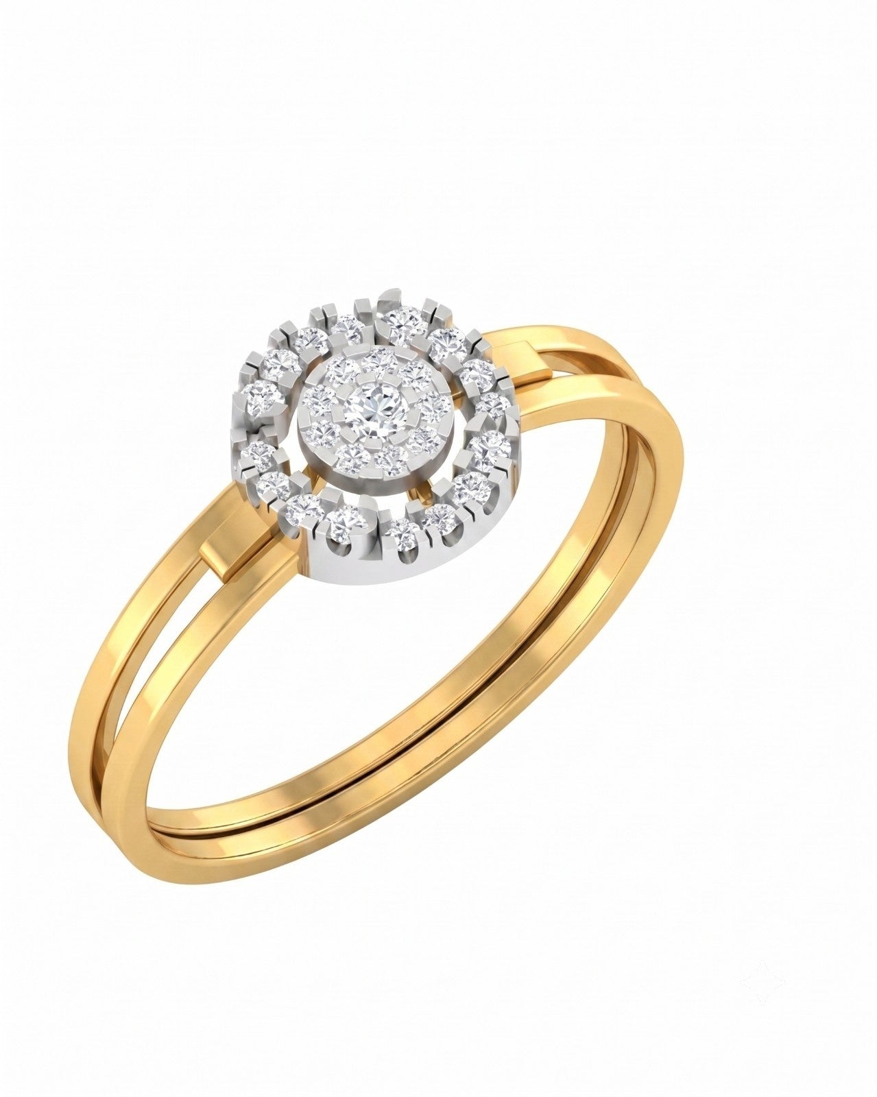 Two-tone yellow gold and diamond ring with diamond accents on a white background