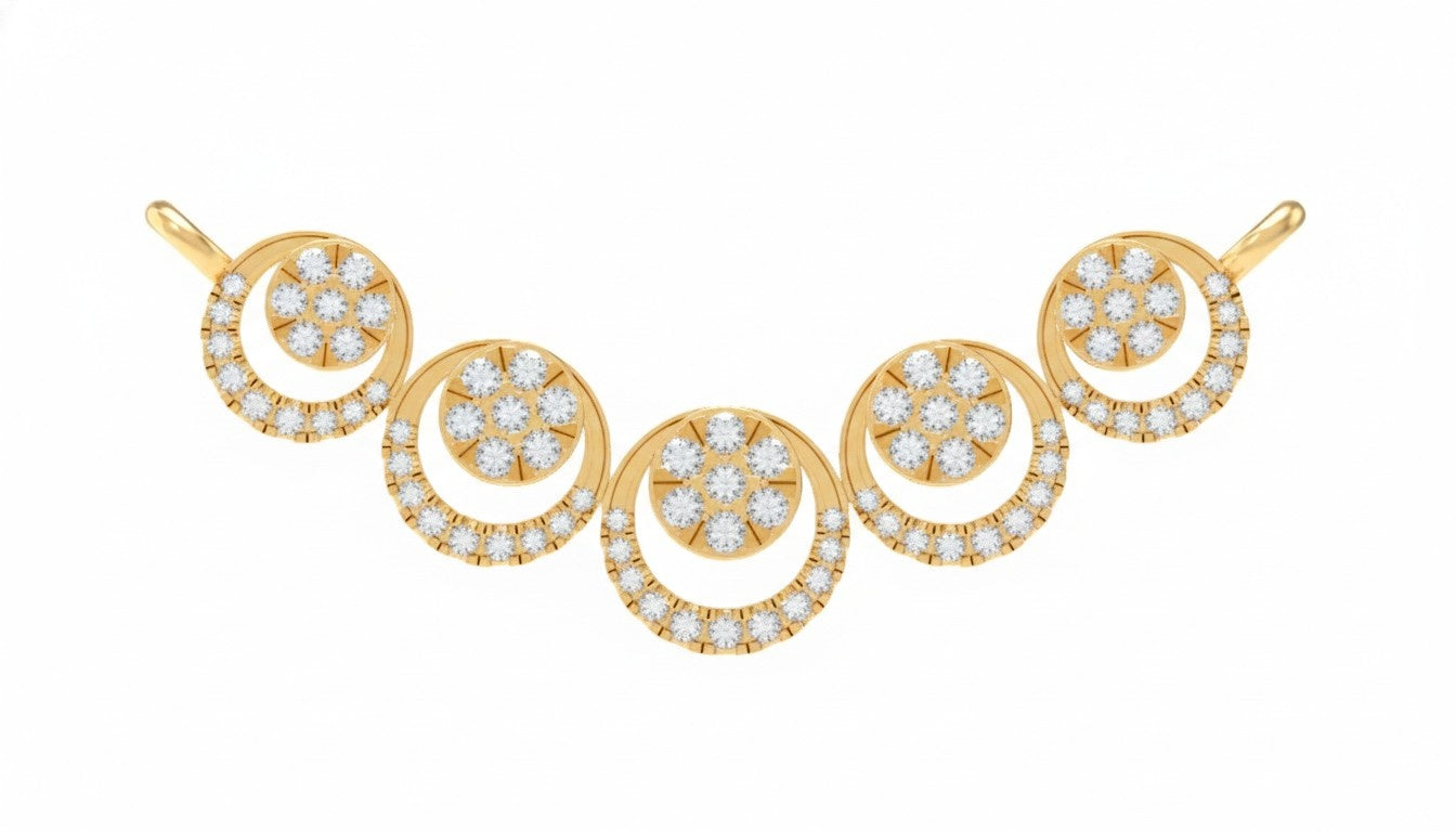 A yellow gold and diamond mangalsutra featuring five interlocking circular motifs on a plain white background.