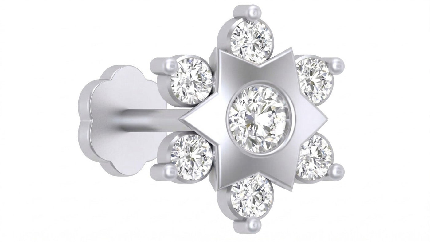 White gold and diamond stud nosepin with diamonds on a white background